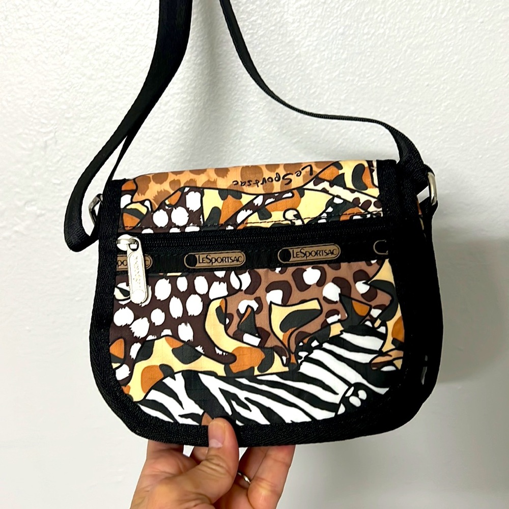 Lesportsac Black Brown White Tan Animal Print Crossbody Bag